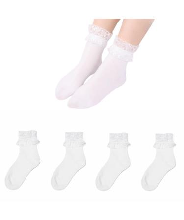 Akamas 4 pairs of women black white ruffles socks cotton pointed socks ankle socks with an excerpt pattern and scorches princess socks clothes socks gifts for girls 35-41 white