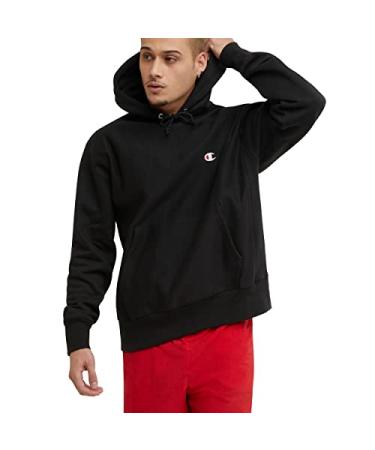 Champion Men's Reverse Weave Pullover Hooded Sweatshirt for Men, Best Hoodies for Men, C Logo Medium Black Left Chest C