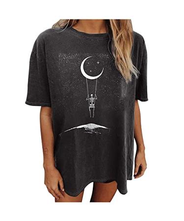 Vintage Graphic Tee Tshirts for Women Cute Skull Printed Short Sleeve Tops Oversized Trendy Sun and Moon Loose Blouse Medium A3dark Gray