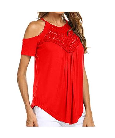 Summer Tops for Women Short Sleeve T Shirts Cold Shoulder Hollow Out Casual Solid Color Flowy Tops Tees Red Medium