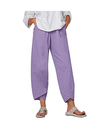 FUMOOD Womens Plus Size Boho Wide Leg Pants Linen Cotton Baggy Cropped Pants Summer Casual Tapered Harem Ankle Trousers Purple Small