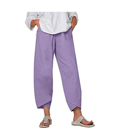 FUMOOD Womens Plus Size Boho Wide Leg Pants Linen Cotton Baggy Cropped Pants Summer Casual Tapered Harem Ankle Trousers Purple Small