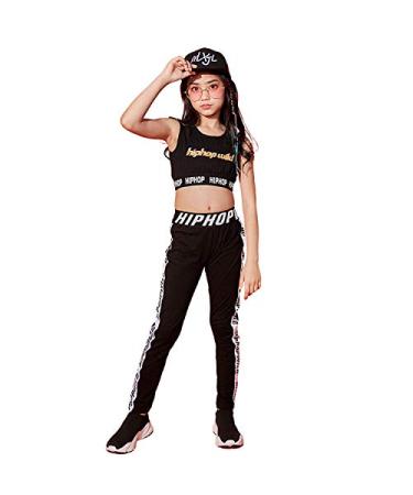 LOLANTA Girl's 2-Piece Dance Outfits Athletic Cropped Tank Top and Legging Pants Tracksuits Set Black 12-14