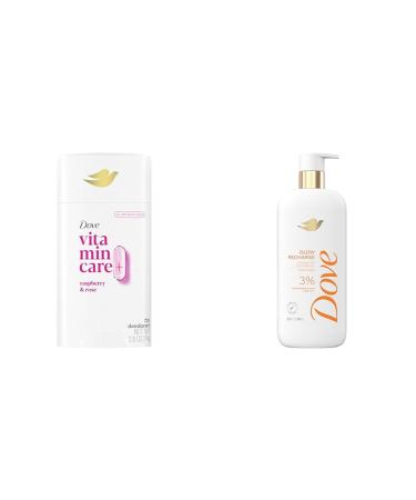 Dove VitaminCare+ Aluminum Free Deodorant Stick Raspberry & Rose 72H Odor Protection 2.6 oz + Dove Exfoliating Body Wash Glow Recharge Energizes & Illuminates Skin 18.5 oz