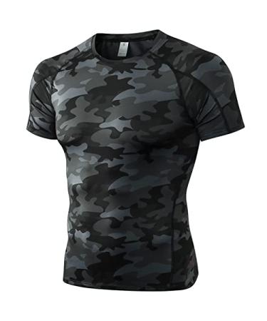 Men's Compression Shirts Short Sleeve Workout Gym T-Shirt Running Tops Cool Dry Sports Base Layer Athletic Undershirts Camo Black Small