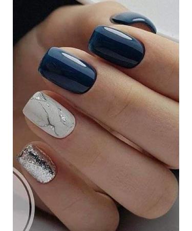 Blue False Nails Short Maggidea Stick on Nails 24pcs Square Press On Nails with Glue Elegant Simple Design Fake Nails for Women Girls (Blue White)