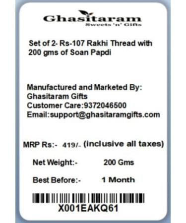 Ghasitaram Gifts Rakhi for Brother Rakhis Online - Set of 2- Rs-107 Rakhi Thread with 200 GMS of Soan Papdi Set of 2 Rakhis with 200 gms of Soan Papdi - Buy Online on GoSupps.com