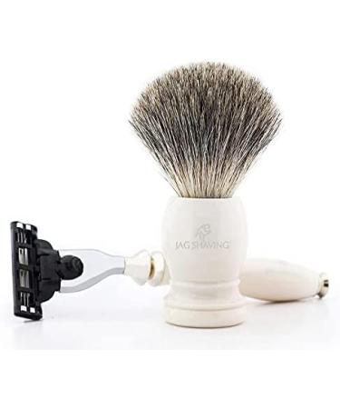 Jag Shaving 3-edge razor and badger shaving brush with silver tip and ivory handle