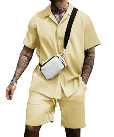 AstoSeu Men's Shirt and Shorts Set Short Sleeve Casual Button Down Summer Outfits Light Yellow X-Large
