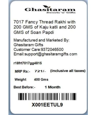 Ghasitaram Gifts Rakhi for Brother Rakhis Online-7017 Fancy Thread Rakhi with 200 GMS of Kaju katli and 200 GMS of Soan Papdi - Buy Online on GoSupps.com