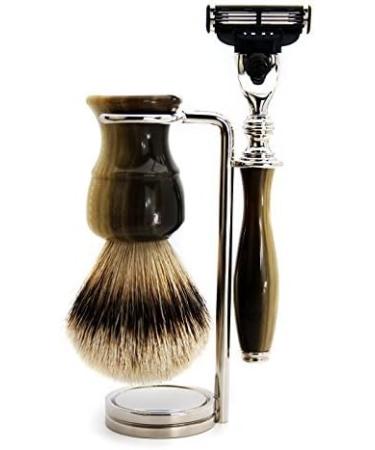 Premium Men's Shaving Kit - 3 Edge Razor Silver Tip Badger Hair Brush & Stand | Perfect Grooming Gift - Buy Online on GoSupps.com
