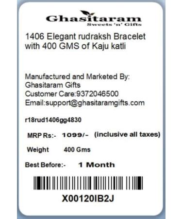Ghasitaram Gifts Rakhi for Brother Rakhis Online - 1406 Elegant rudraksh Bracelet with 400 GMS of Kaju katli Rakhi with 400 gms of Kaju katli - Buy Online on GoSupps.com