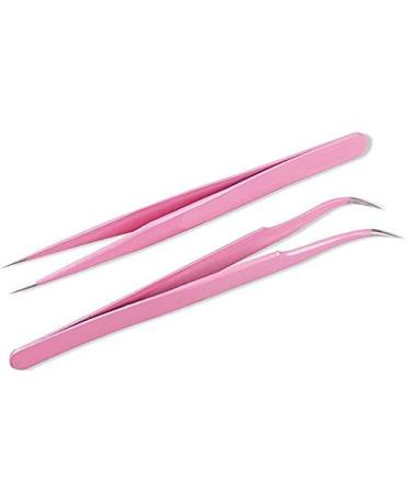 Onwon 2 Pcs Pink Stainless Steel Tweezers for Eyelash Extensions  Straight and Curved Tip Tweezers Nippers  False Lash Application Tools