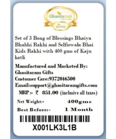 Ghasitaram Gifts Rakhi for Brother Rakhis Online - Set of 3 Bong of Blessings Bhaiya Bhabhi Rakhi and Selfiewala Bhai Kids Rakhi with 400 GMS of Kaju katli - Buy Online on GoSupps.com