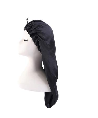 Extra Long Satin Bonnet Sleep Cap Long Bonnet for Braids Hair Loose Cap Foldable with Button (Black)