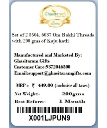 Ghasitaram Gifts Rakhi for Brother Rakhis Online - Set of 2 5504 6037 Om Rakhi Threads with 200 GMS of Kaju katli - Buy Online on GoSupps.com
