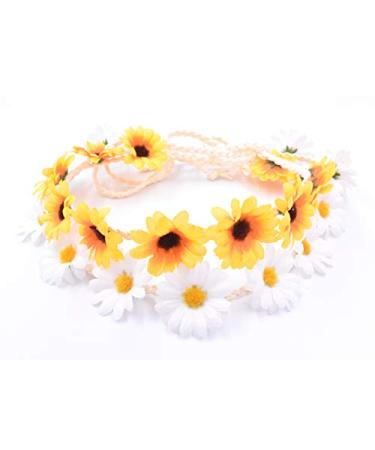 Art&Beauty 2PCS Fashion Flower Headband Sunflower Hair Wreath Festival Hair Band Bridal Headpiece (yellow+white)