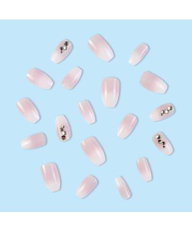 Mouyouglow Press On Nails - Short Ballerina Pink Ombre Gradient with White Silver Glitter & 3D Rhinestones | Fake Nails & Nail Glue | Stunning Artificial Fingernails - Buy Online on GoSupps.com