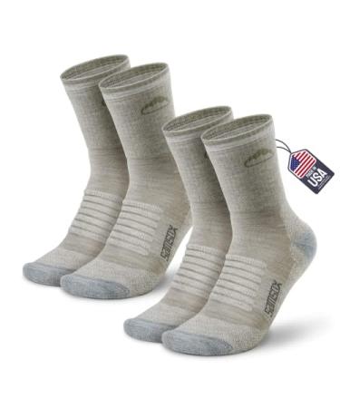 Samsox 2-Pair Merino Wool Hiking Socks, Made in USA 3/4 Crew Cushioned Walking & Boot Socks for Women & Men Small-Medium Oatmeal
