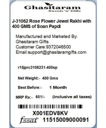 Ghasitaram Gifts Rakhi for Brother Rakhis Online J-31062 Rose Flower Jewel Rakhi with 400 GMS of Soan Papdi - Buy Online on GoSupps.com