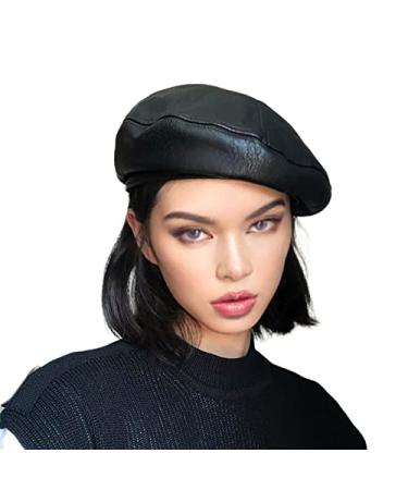YRPNDP PU Leather Beret, French Lady Beret, Fashion Warm Hat Black