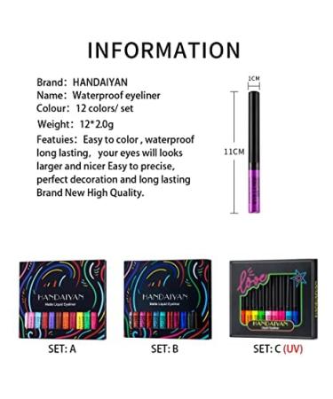 INDEBETY 12 Colors UV Glow Neon Liquid Eyeliner Set - Waterproof Smudgeproof Long Lasting Gel Eye Liner - Matte Colored Eyeliners Pen - Gift Kit (Glow Under UV) Set 3 - Buy Online on GoSupps.com