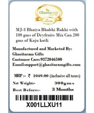 Ghasitaram Gifts Rakhis Online - Rakhi for Brother-MJ-3 Bhaiya Bhabhi Rakhi with 100 GMS of Dryfruits Mix Can 200 GMS of Kaju katli Rakhi Set & 100g Dryfruits Mix Can 200g Kaju katli - Buy Online on GoSupps.com