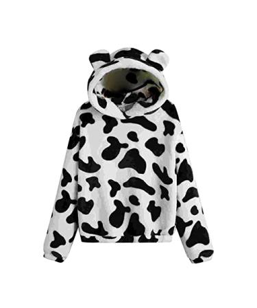 Women's Zip Up Cropped Fleece Hoodie Cow Print Sweatshirt Cute Workout Long Sleeve Crop Top Trendy Jacket for Girls Medium Z01_white