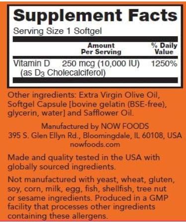 NOW Foods Supplements Vitamin D-3 10 000 IU Highest Potency Structural Support* 200 Softgels 200 Count (Pack of 1) - Buy Online on GoSupps.com