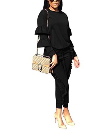 KANSOON Women 2 Pieces Outfits Puff Sleeve Top and Long Flounced Pants Sweatsuits Set Tracksuits