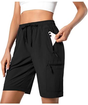 Women's Lightweight Hiking Cargo Shorts Quick Dry Athletic Shorts for Camping Travel Golf with Zipper Pockets Water Resistant Black Medium