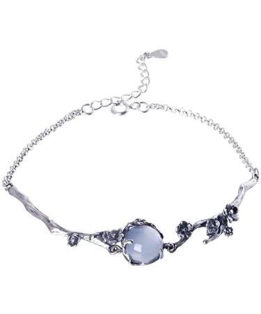 WIPPWER Silver Bracelet Sterling Silver Chain Bracelet Ladies Sterling Silver Bracelet Hand Carve Silver Plum Bossom Bracelet with Mosaic Jasper Bracelet Ladies Silver Jewell
