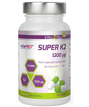 Vita2you Super K2-1200 g vitamin K2 - Original Vitamk7 - (natural MK -7) with MK -4 99% all trans - 120 capsules - high -dose - Premium quality