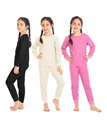Resinta 3 Sets Girls Waffle Thermal Underwear Set Winter Waffle Cotton  Thermal Top and Bottom Long