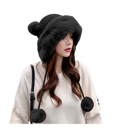 Peicees Winter Fluffy Hats for Women Bomber Hat Warm Knit Beanie with Fur Pompom Russian Ushanka Trapper Hat Ear Cover Black