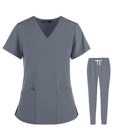 Scrubs Set for Women Joggers V-Neck Pocket Top Uniforms Athletic Stretch Set Workwear Drawstring Threaded Pant Legs Grey Small