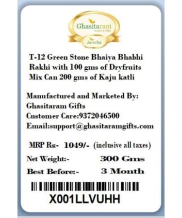 Ghasitaram Gifts Rakhis Online - Rakhi for Brother-T-12 Green Stone Bhaiya Bhabhi Rakhi with 100 GMS of Dryfruits Mix Can 200 GMS of Kaju katli Rakhi Set & 100g Dryfruits Mix Can 200g Kaju katli - Buy Online on GoSupps.com