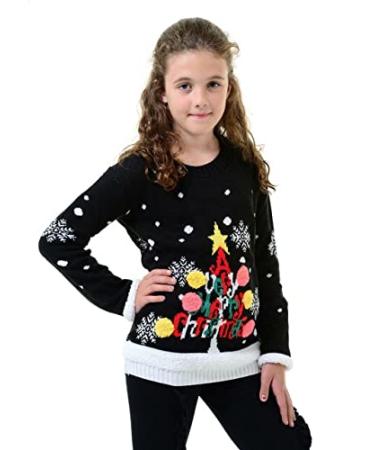 Janisramone Kids Girls Boys Reindeer Print Long Sleeve Christmas Jumper Winter Sweater 7-8 Years Merry Christmas Pompom - Black
