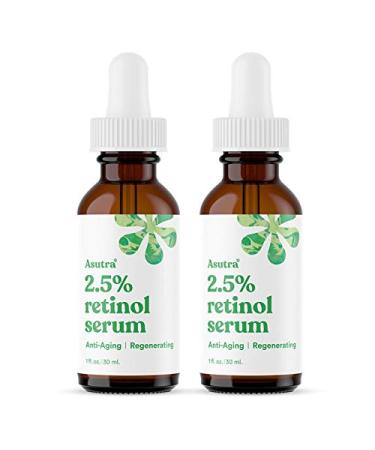 ASUTRA Anti-Aging 2.5% Retinol Serum 1 fl oz (2pk) | Ultra Potent & Helps Minimize Signs of Aging | Plump Up Skin & Decrease Pore Size | Hyaluronic Acid Vitamin E Wheat Germ Aloe & Jojoba Oil 1 Fl Oz (Pack of 2) Ret...
