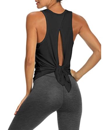 Bestisun Workout Tops Open Back Shirts Gym Workout Clothes Tie Back Musle Tank for Women Medium Black