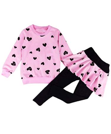 Little Girls Outfits Clothes Toddler Long Sleeve Heart Print Hoodie Shirts Top + Leggings Kids Clothing Set 5-6 Years 1# Pink