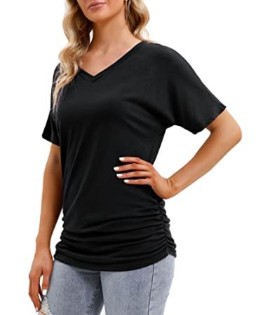 Ewedoos V Neck T Shirts Women Ultra Soft Tshirts Cooling T Shirt for Women Summer Tops T-Shirts Trendy Tops for Women Side Shirring Black X-Large