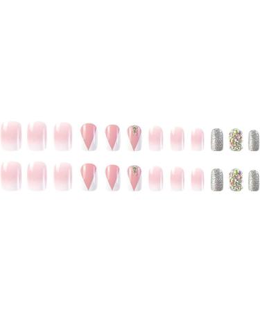 French Tip Press on Nails - Short Square Press On Nails with Nail Tips Pink white gradient silver glitter Rhinestones false nails press on nails Acrylic False Nails Cute Artificial Nails - Buy Online on GoSupps.com