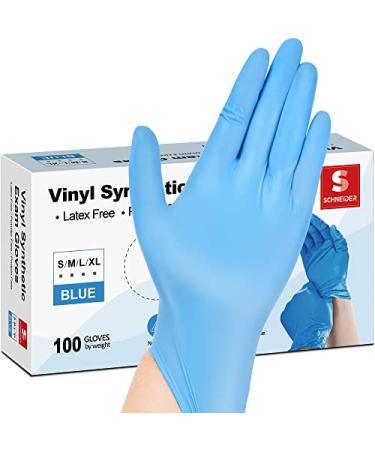 Schneider Vinyl Synthetic Exam Gloves, Blue, 4mil, Powder-Free, Latex-Free, Disposable Glove for Medical, Food Prep, Cleaning 100 Large (Pack of 100)