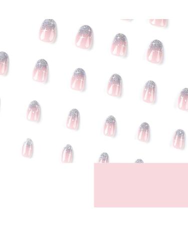 Buy Mouyouglow Short Round Nude Pink Silver Glitter Press On Nails | Full Cover Artificial Nails with Glue for Women - i26 - Buy Online on GoSupps.com