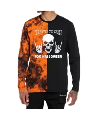 Mens Fashion Halloween Tie Dye Skull 3D Printed Long Sleeve T-Shirts Hipster Color Block Streetwear Funny Graphic Tee Tops X-Large D-white