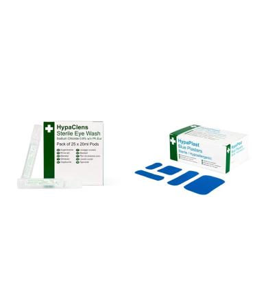 HypaClens Saline Eye Wash Pods (Pack of 25) & HypaPlast Blue Catering Plasters Assorted (Pack of 100) Sterile Hypoallergenic One Size + Catering Plasters Single