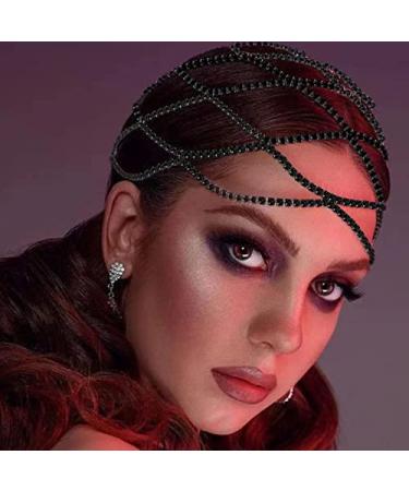 XSBODY 1920s Rhinestone Mesh Cap Headpiece for Women Girls Black Flapper Head Chain Jewelry Gatsby Cleopatra Hair Accessories