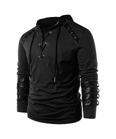 Men's Gothic Steampunk Hoodie Sweatshirt Lace Up Flannel Long Sleeve Vintage Victorian Regular Fit Pullover Tee Brouse Black