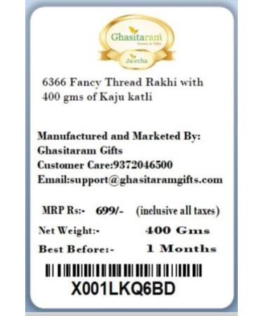 Ghasitaram Gifts Rakhi for Brother Rakhis Online - 6366 Fancy Thread Rakhi with 400 GMS of Kaju katli - Buy Online on GoSupps.com